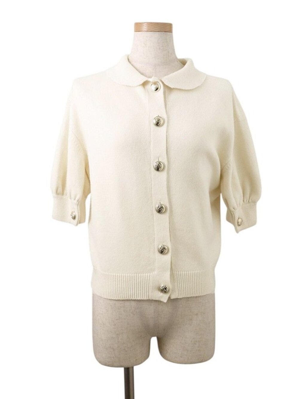 Chanel Knit CC Logo Button Short Sleeve Cashmere 34 Top Sweater